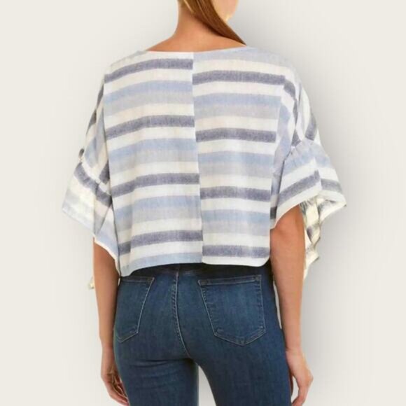 BCBGeneration Striped Crop Top | XXS | Blue White Flutter Sleeve Cotton Gauze - Picture 7 of 8
